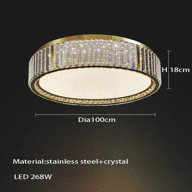 Light luxury crystal ceiling lamp by Simples Market, round 100cm dia, 18cm height, stainless steel + crystal, LED 268W