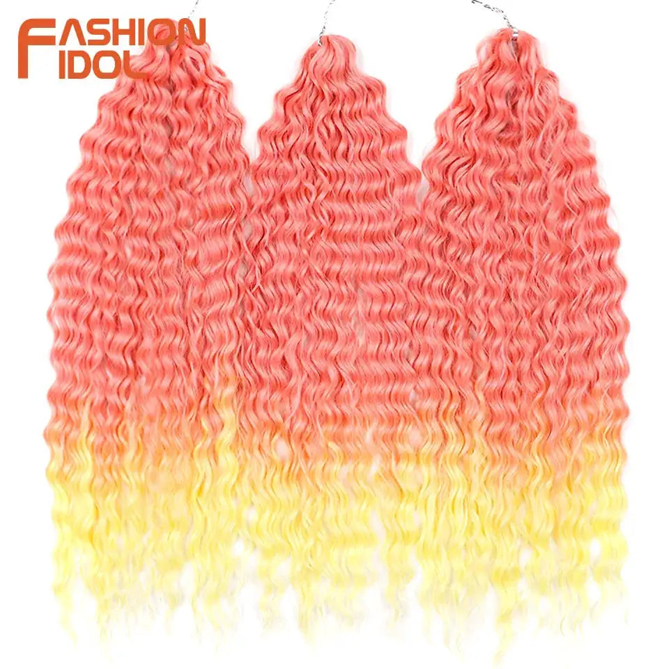 Fashion Idol crochet hair extensions, three 22in Ariel curl ombre rainbow synthetic bundles