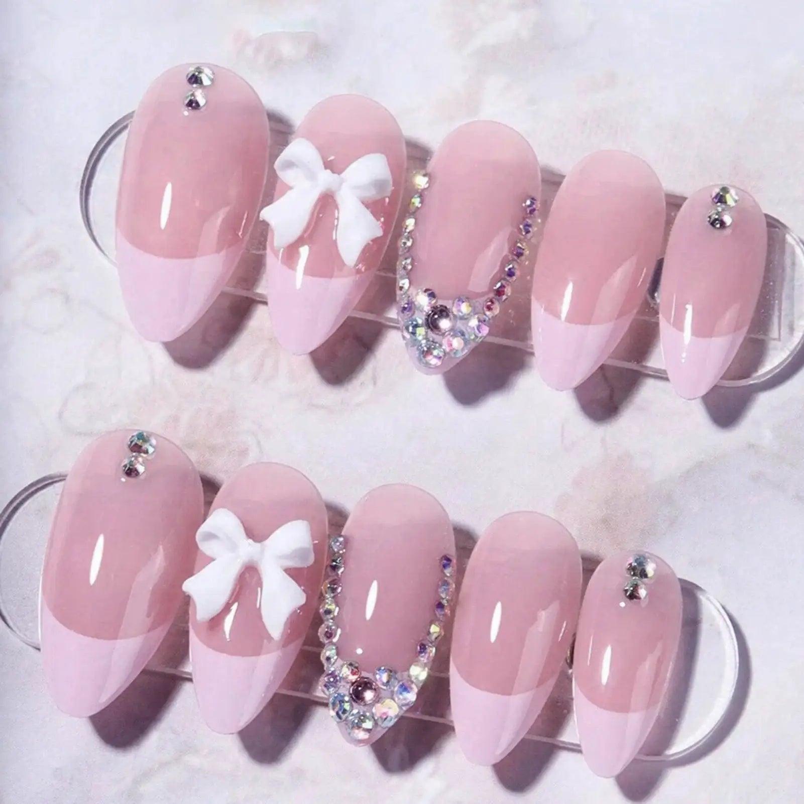 LuxeNail Blush Pink False Nails Bowknot Diamond Pearl Design Press On Nail Tips Harmless Smooth Edge Safe DIY Mani