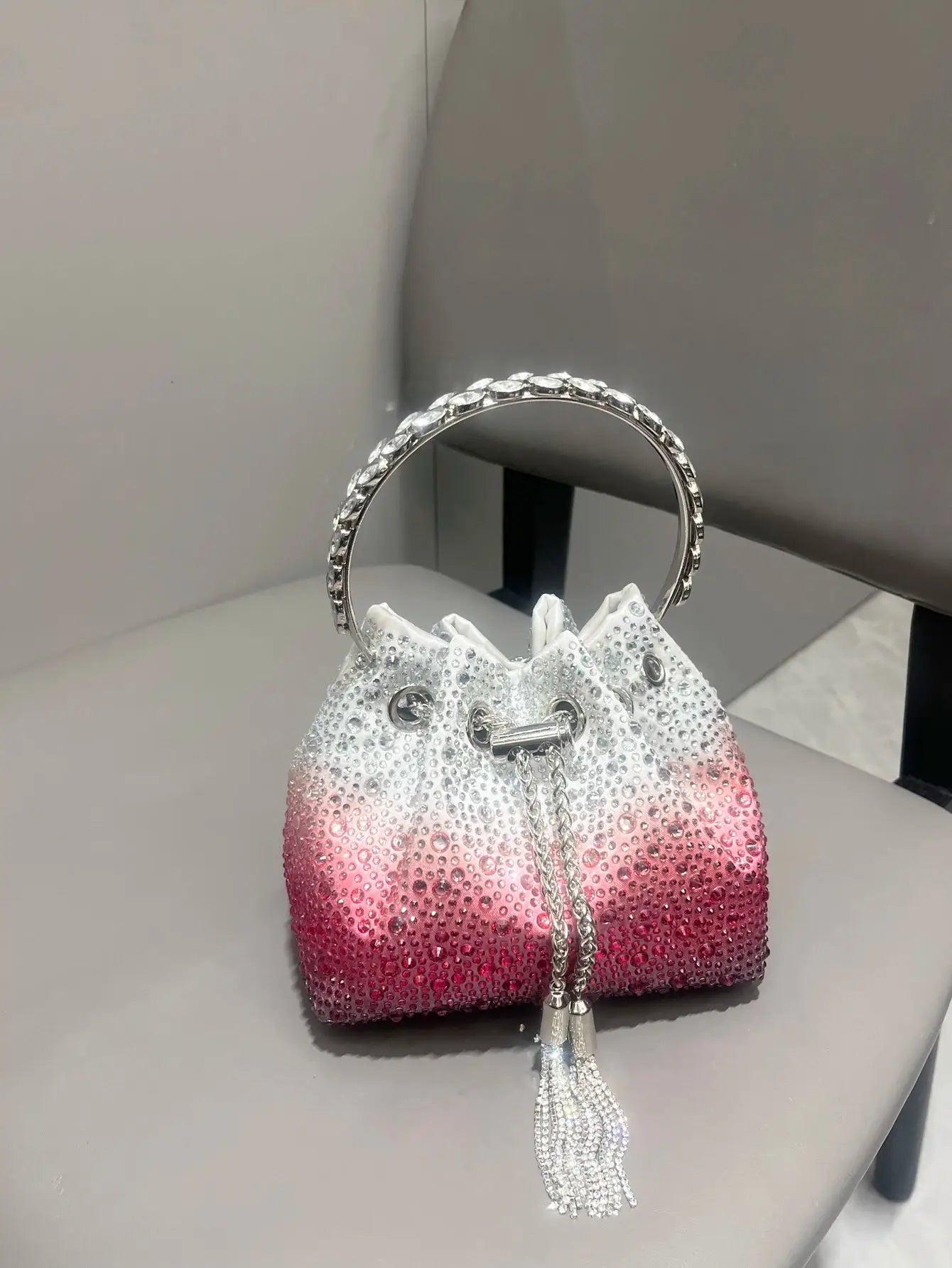 Rhinestone evening clutch bag gradient white-to-pink with crystal ring handle by Simples Market