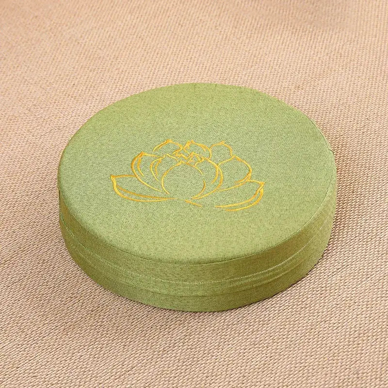 Yoga meditation cushion, round green linen with yellow lotus embroidery and removable cover