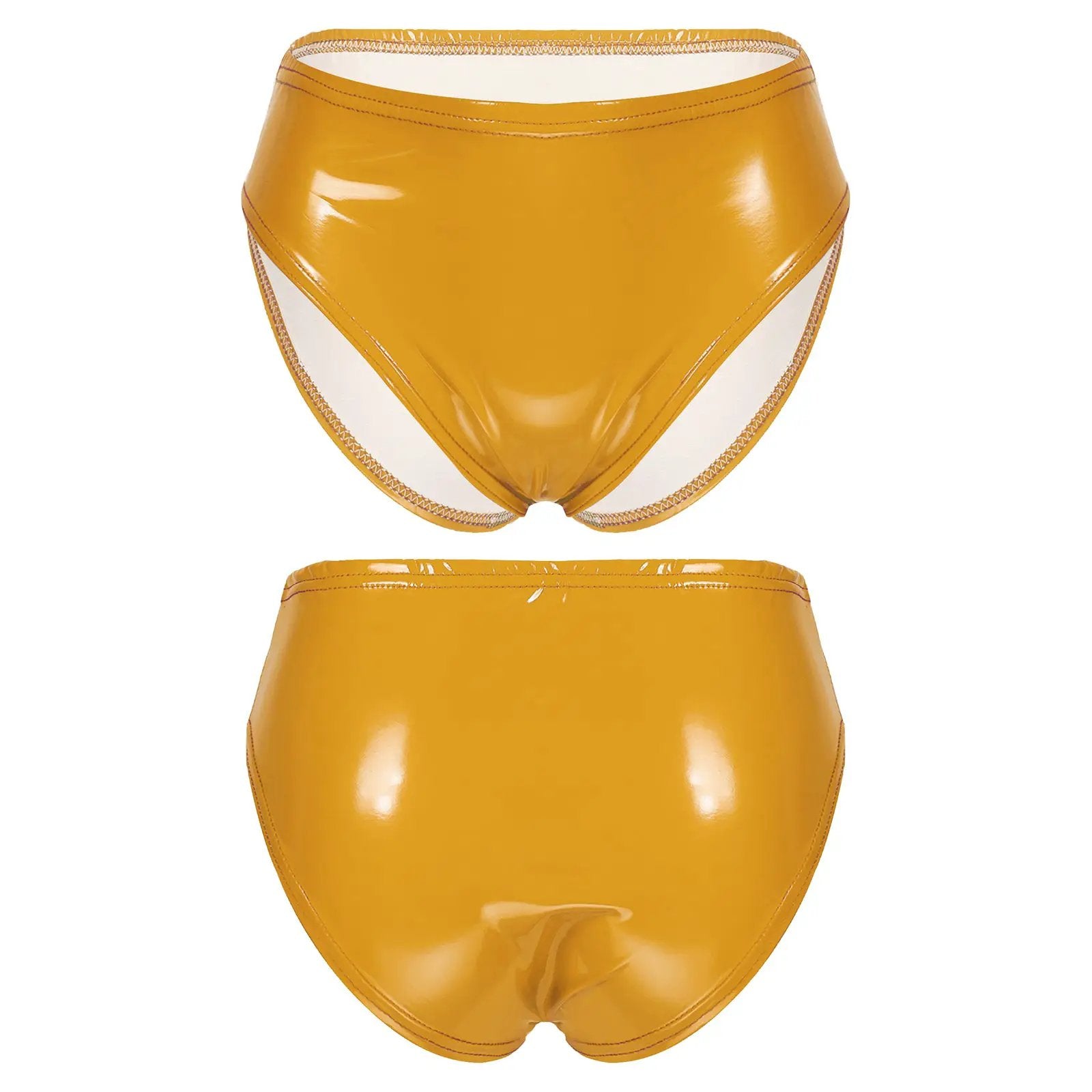 Womens wet-look patent leather briefs in mustard yellow with white side panels
