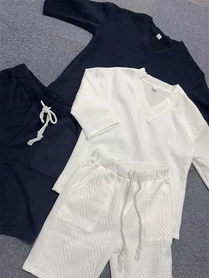 2024 Spring and Summer Casual Shorts Set Knitted Two Piece Men's V-neck Short Sleeve T-shirt and Shorts Street Wear Knitted Set