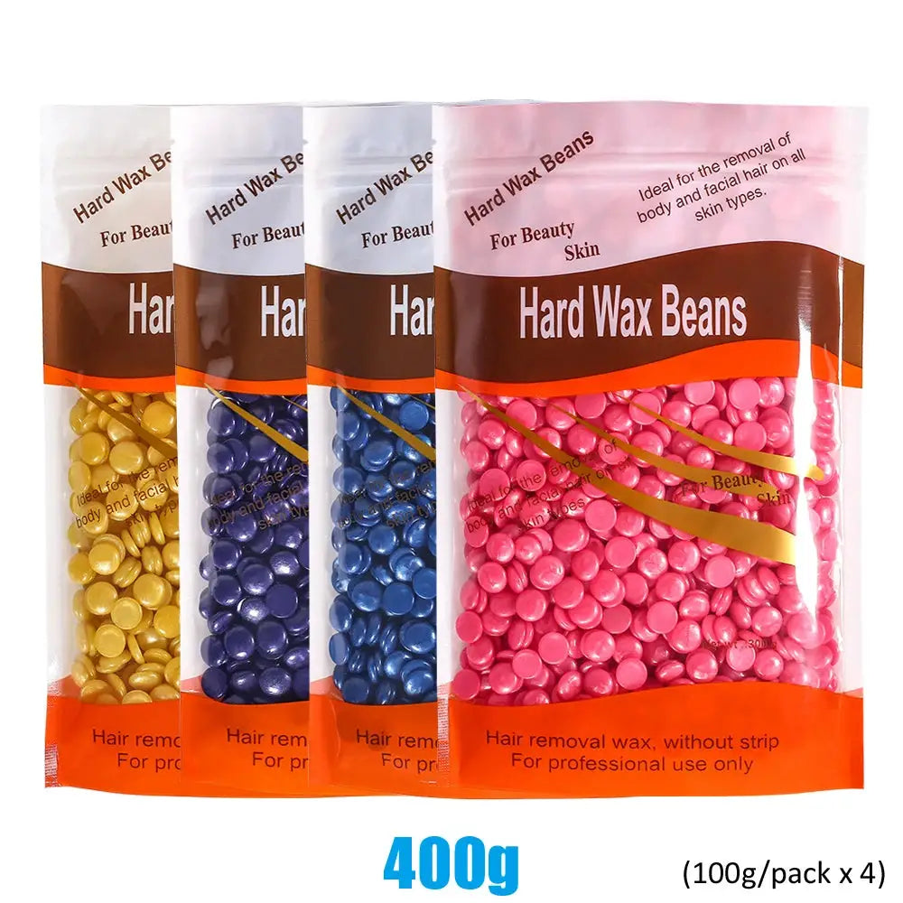 Hard wax beans set by Simples Market, 400g total (100g x4) in yellow, blue, purple, and pink packs for hair removal
