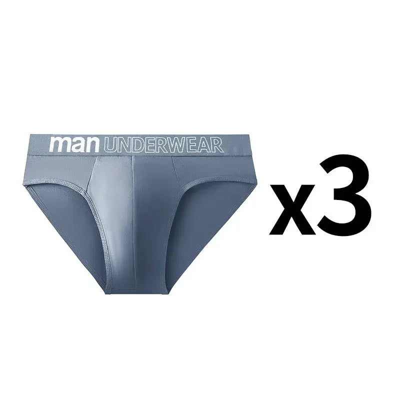 Men's briefs underwear 3-pack in blue-gray with elastic waistband reading man UNDERWEAR