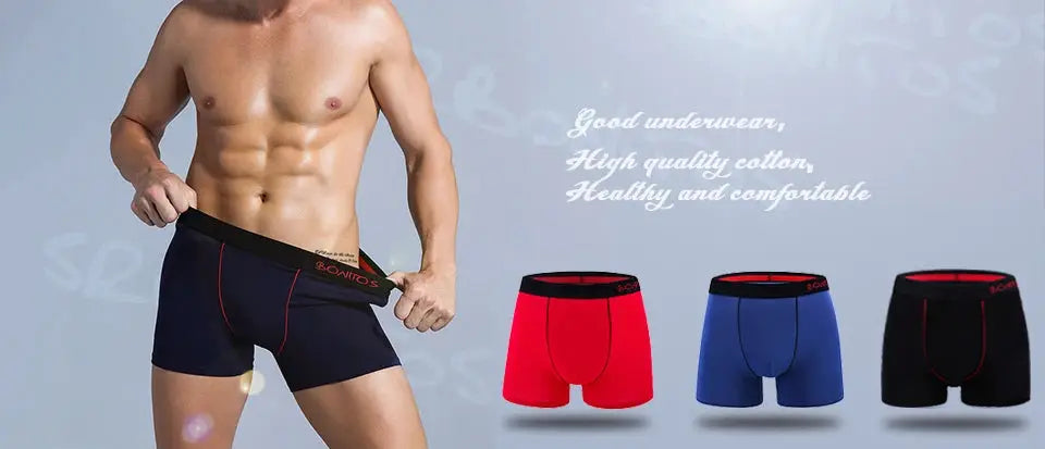 Men's cotton boxer briefs with red trim; navy worn by model, four color options red/blue/black/navy; Bonitos waistband.