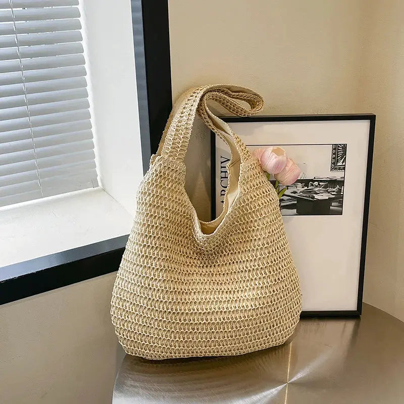 Rattan women’s shoulder bag by Simples Market, natural beige woven straw tote with large capacity