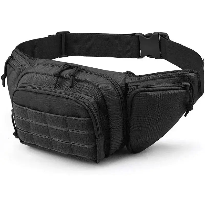 Simples Market tactical waist bag in black nylon with MOLLE front panel and multiple zip pockets