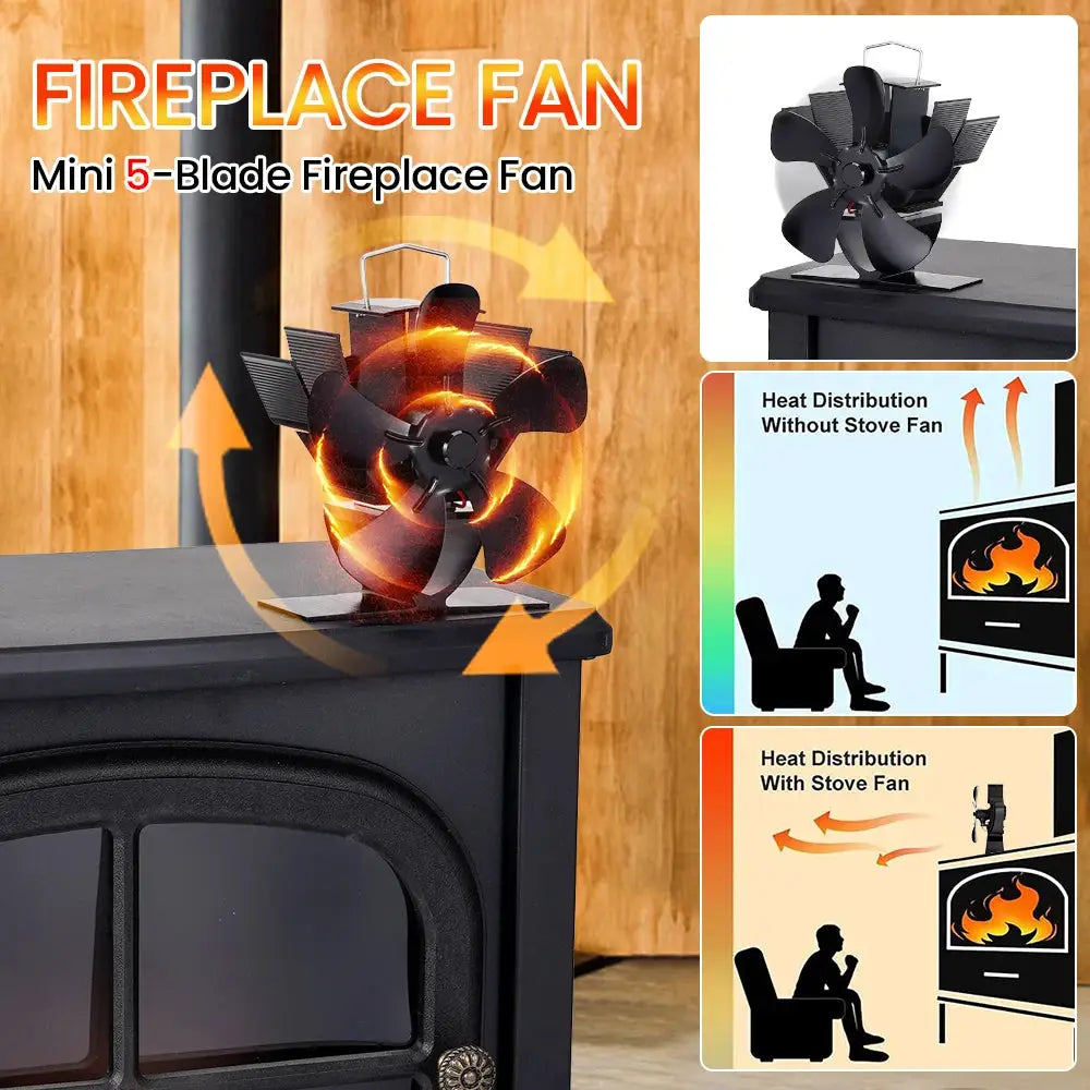 Mini Stove Fan Heat Powered Fireplace Fan 5 Blade Quiet Eco Friendly Wood Burner Home Winter Heat Distribution