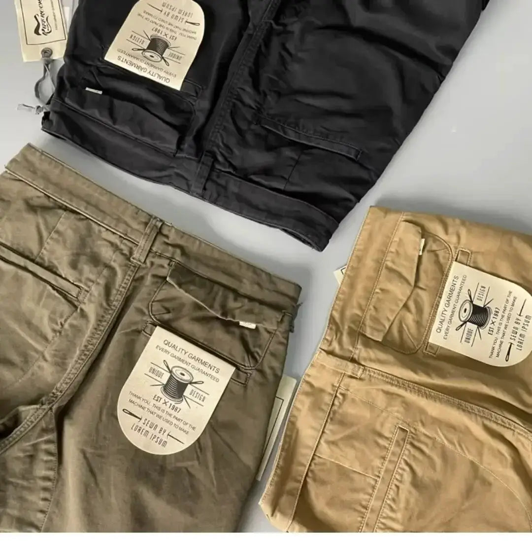 Simples Market cargo pants, 4-pack of pure cotton heavy-duty, loose straight-leg in black, olive, gray, and tan