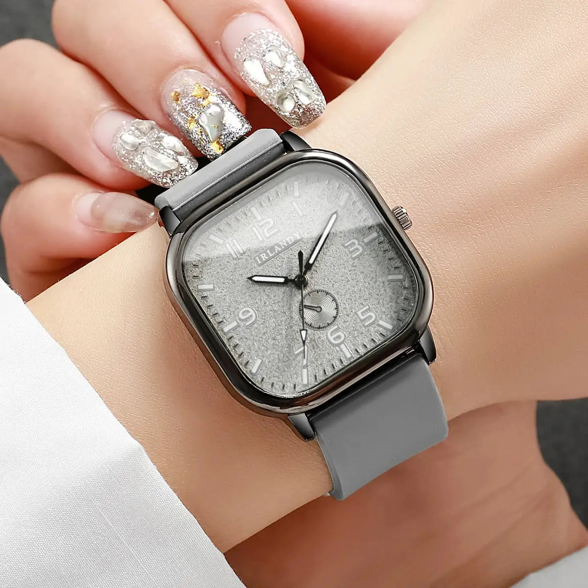 Fashion Square Women's Watch with gray silicone strap and silver glitter dial