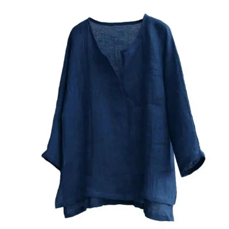 Men's navy blue linen long-sleeve shirt, loose-fit solid color with V-neck, casual top for summer and spring