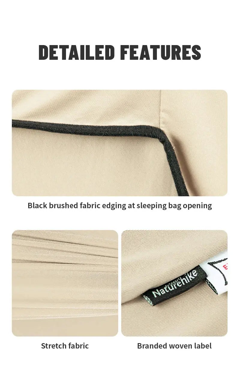 Naturehike sleeping bag liner in beige fabric with black brushed edging and a branded woven label