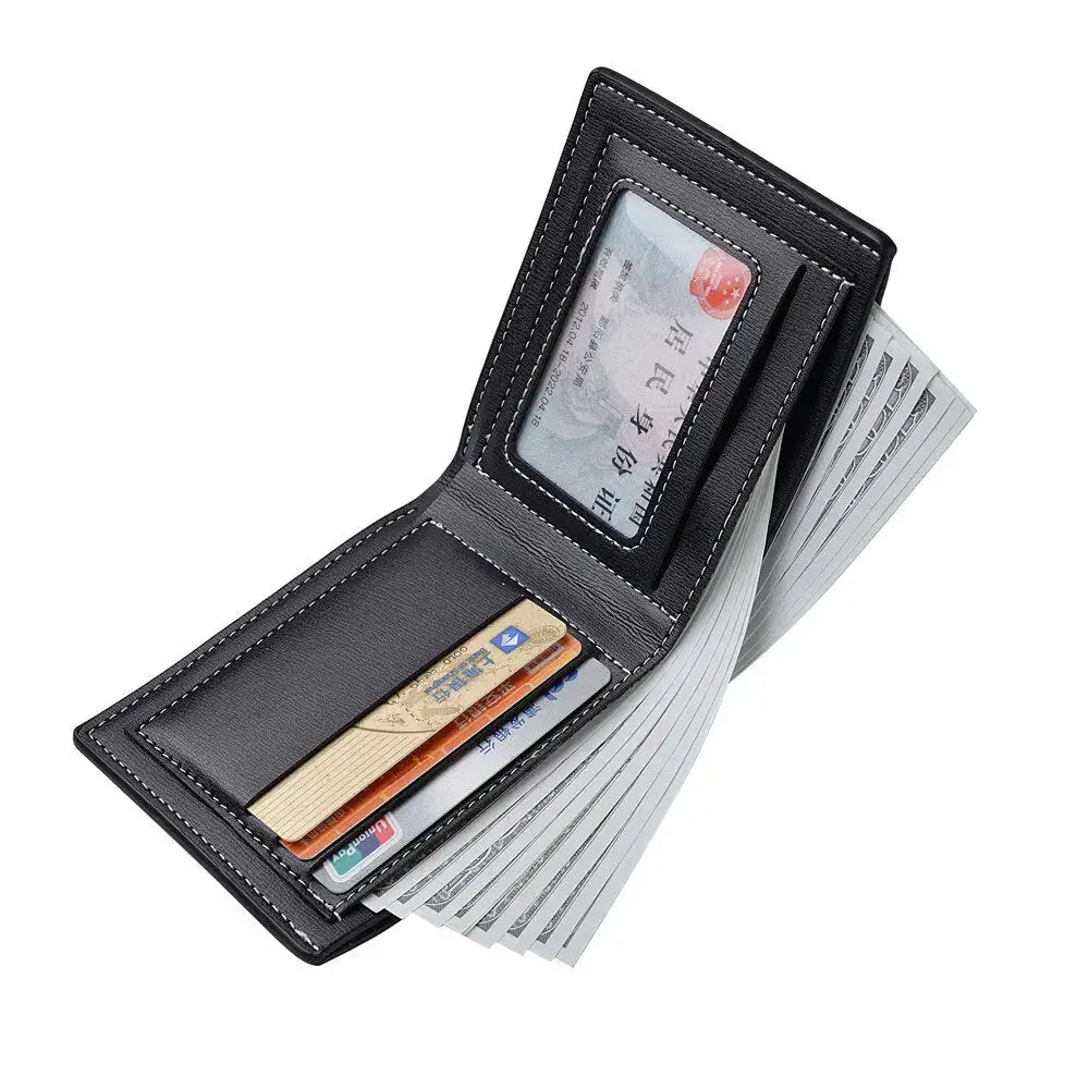 Simples Market PU leather men's short folding wallet with card slots, ID window and cash pocket, black