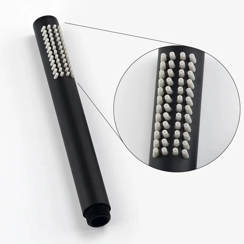 Matte black handheld shower head with white bristle nozzle array