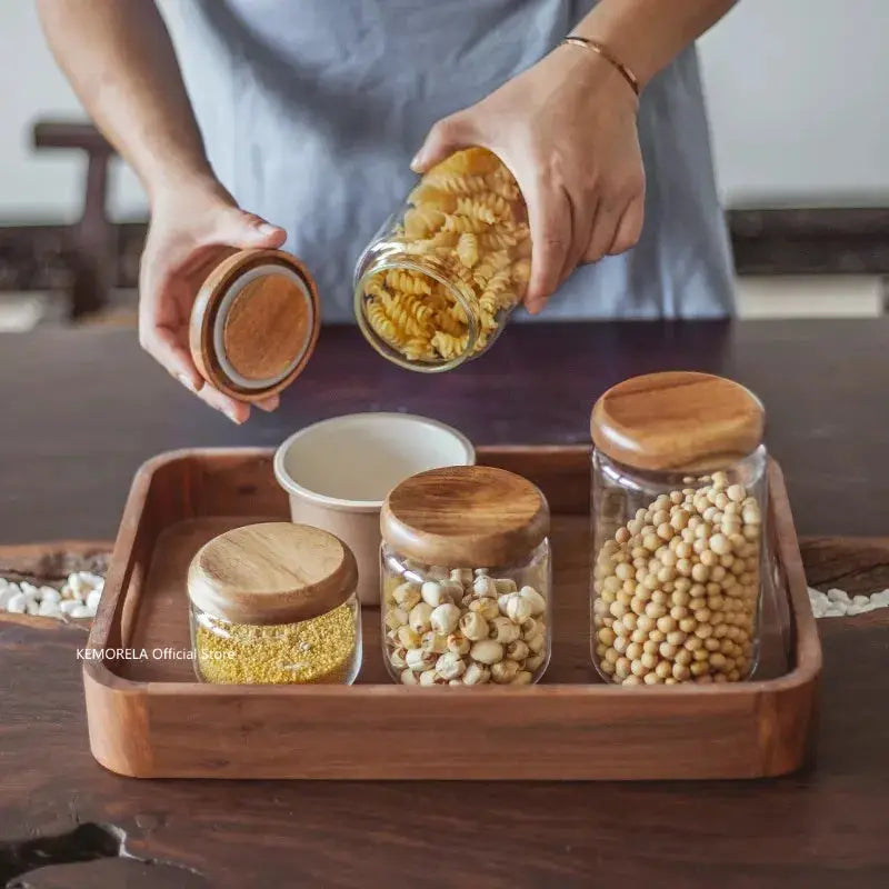 KEMORELA Transparent Glass Storage Jar With Acacia Wood Lid Round Tea Jar For Dried Fruit Snacks Kitchen Organization