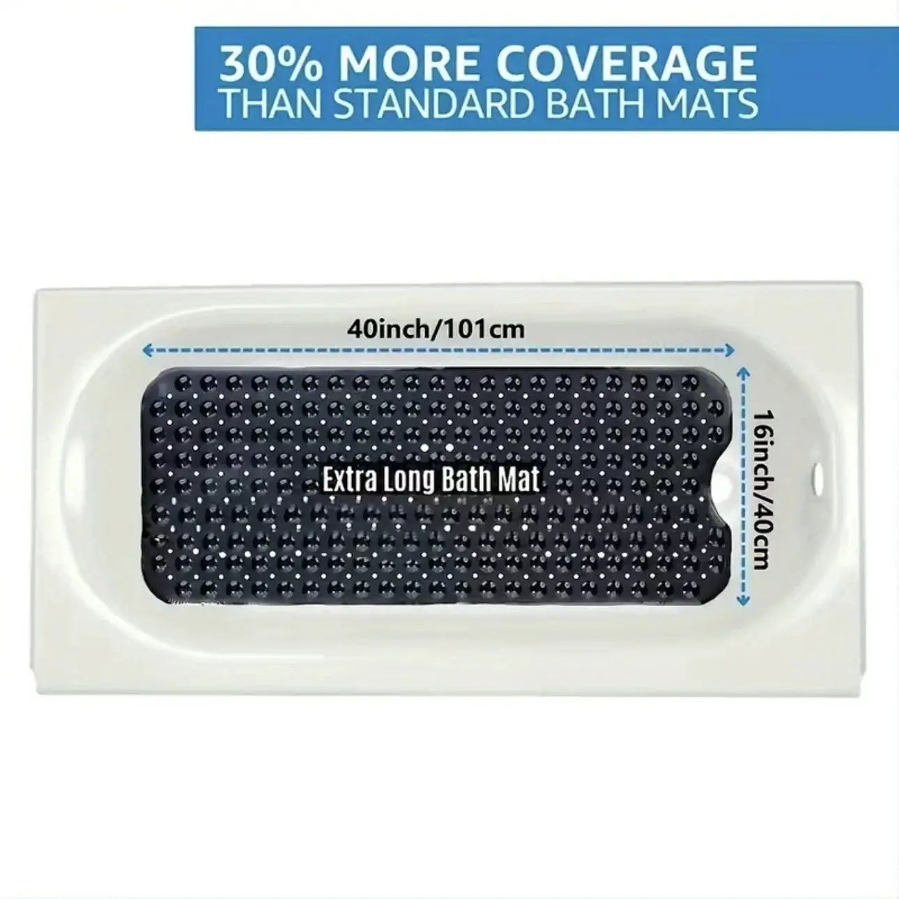Simples Market extra-long bath mat with drain holes and suction cups, black, 40in x 16in, machine washable