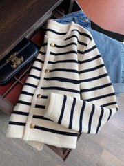 Brand Women Striped Knitted Cardigan O Neck Single Breasted Cropped Long Sleeve Chic Casual Sweater