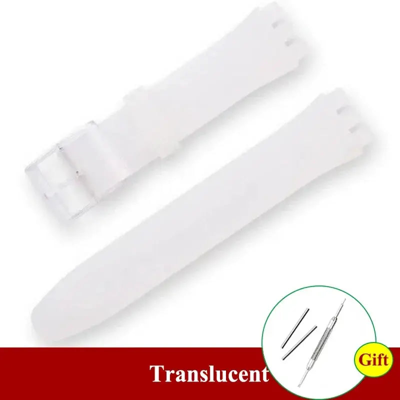 Two translucent white silicone watch bands for Swatch, 16–20mm replacement bracelets