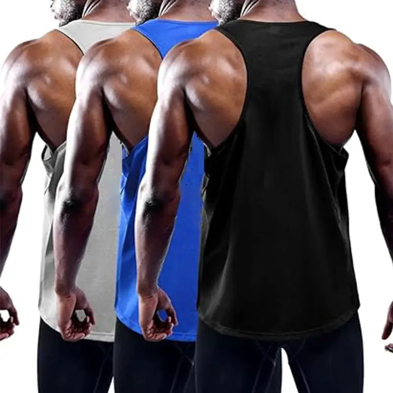 Three men's running tank tops in black, blue and gray with quick-dry athletic fabric by Simples Market.