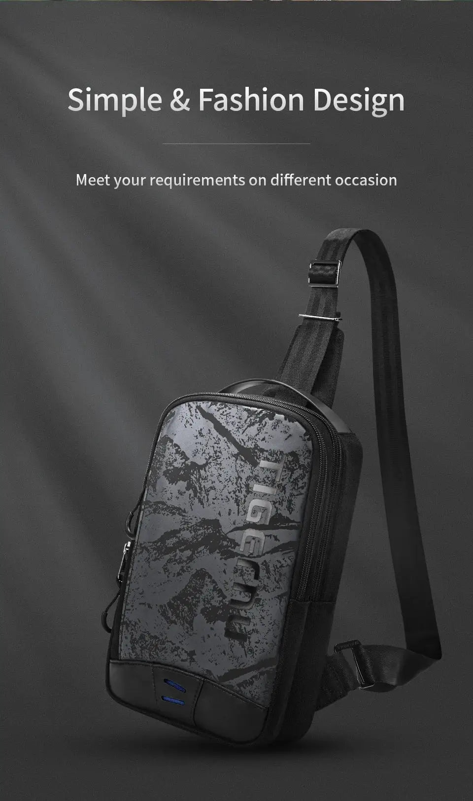 Tigernu chest bag for men, dark gray camo pattern with adjustable crossbody strap