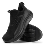 Fitville wide men’s black sneaker with knit upper and perforated side panel; rugged outsole