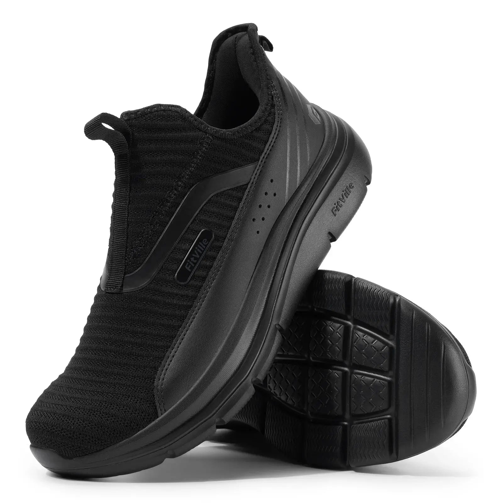 Fitville wide men’s black sneaker with knit upper and perforated side panel; rugged outsole