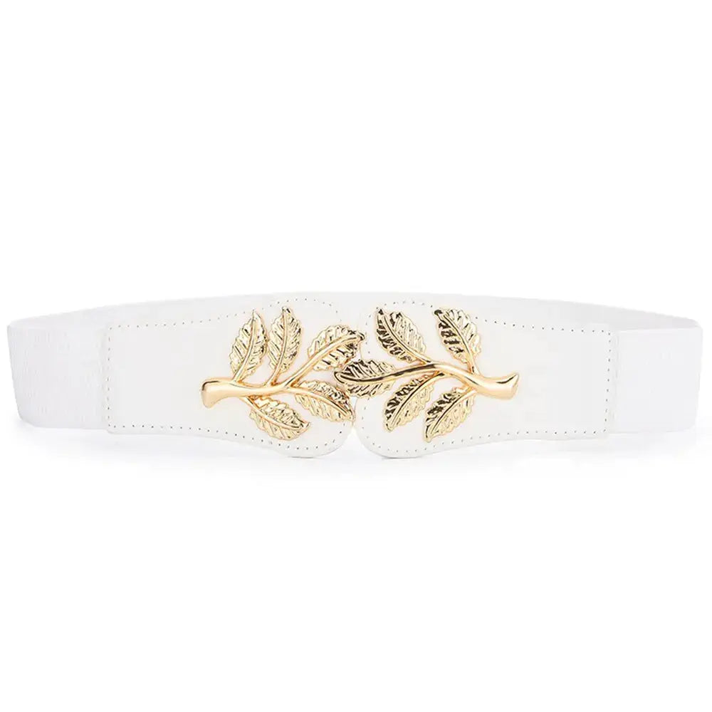 Aurora Women's Elastic Waist Belt With Gold Leaf Closure And Double Hook Buckle With Elegant Secure Fit
