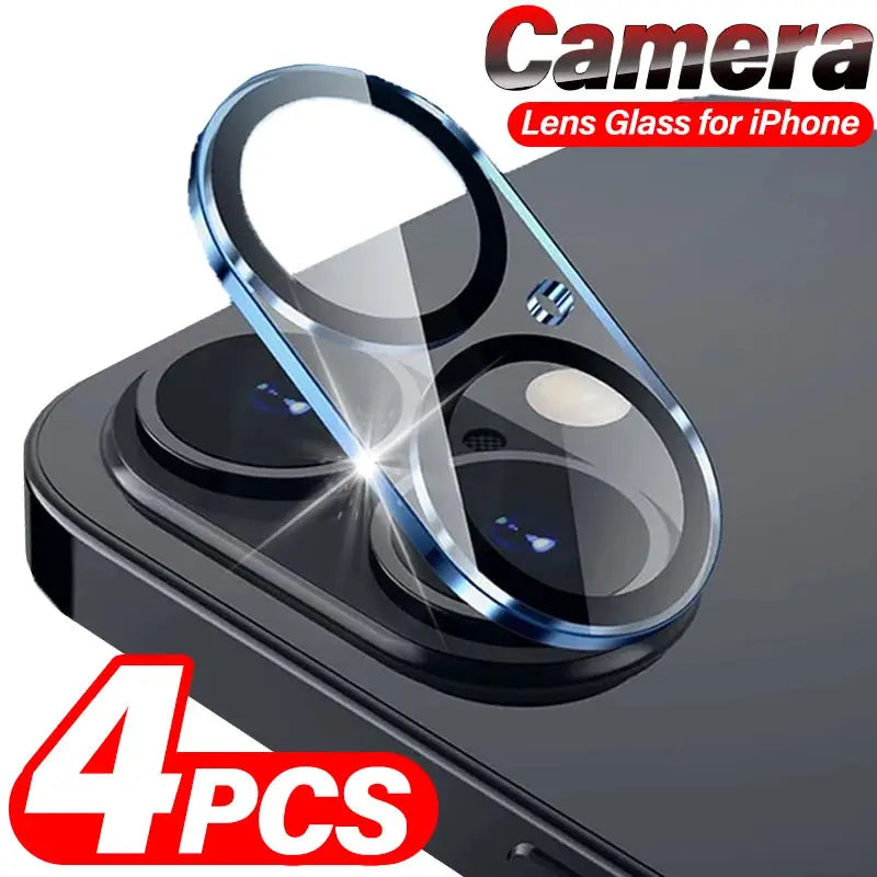 Camera lens protector set for iPhone (4 pcs), tempered glass with blue-tinted edge