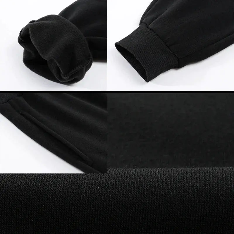 Black men's sweatpants with ribbed cuffs and pocket seam detail; fabric texture close-up.