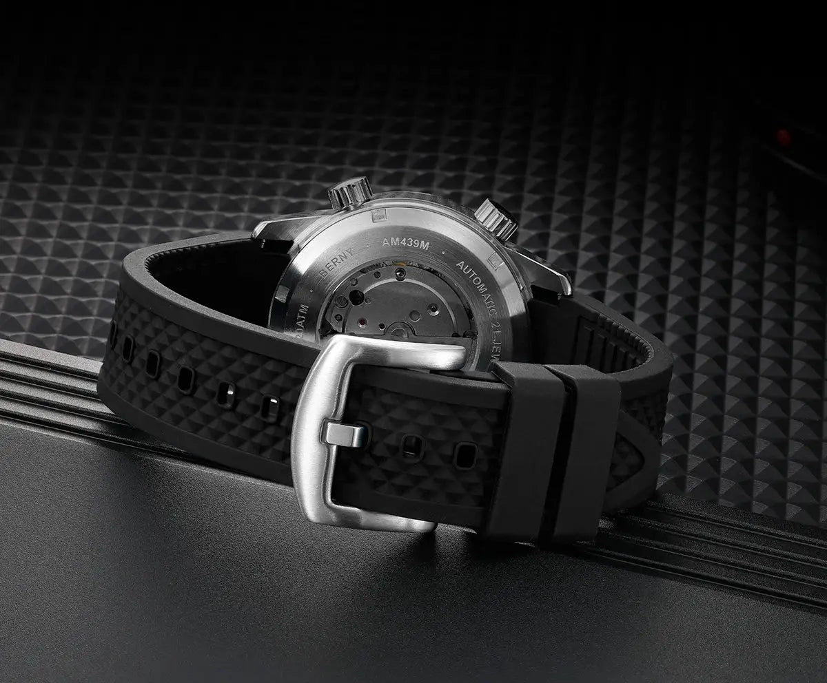 BERNY men's dive watch with black rubber strap and stainless steel case back, automatic movement