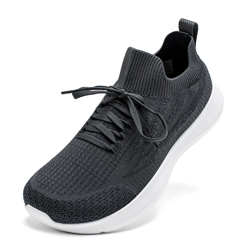 HOBIBEAR unisex running sneakers with black mesh knit upper and sock-like collar, white sole