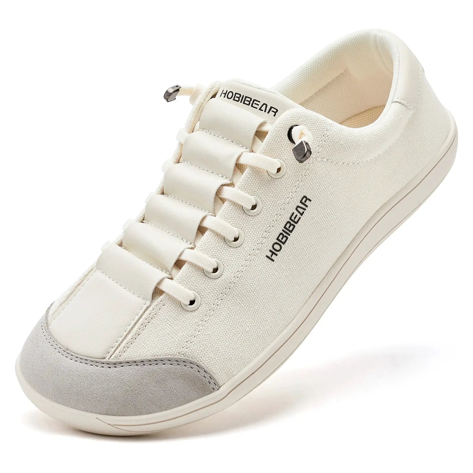 HOBIBEAR wide-toe barefoot sneakers in cream canvas, lightweight unisex walking shoes.