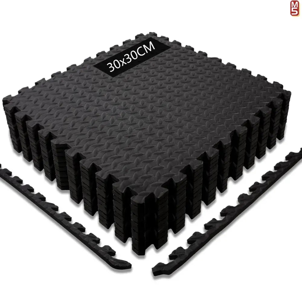 Interlocking EVA foam gym mats by Simples Market, 30x30 cm, black textured non-slip surface