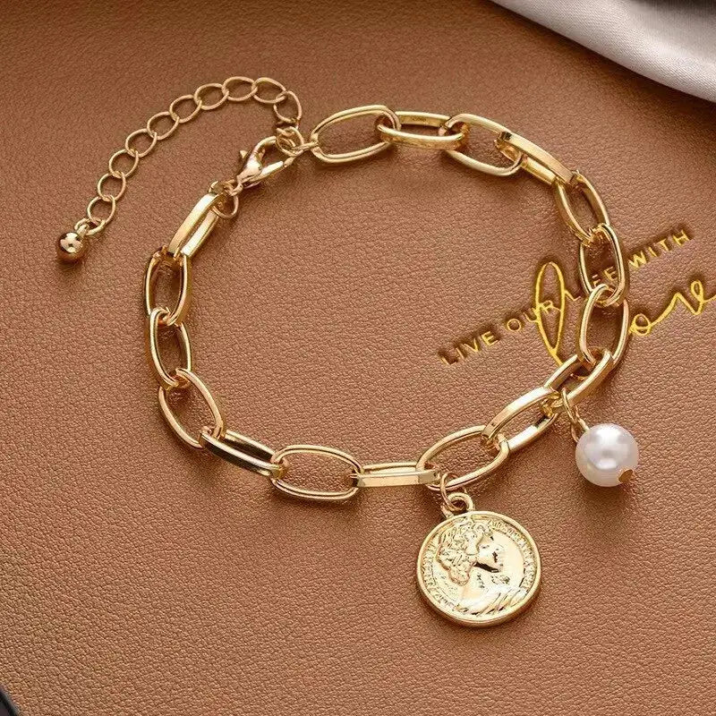 Gold Color Bracelet For Women Simple Style Thick Cross Chain With Love Human Head Cross Pearl Pendant