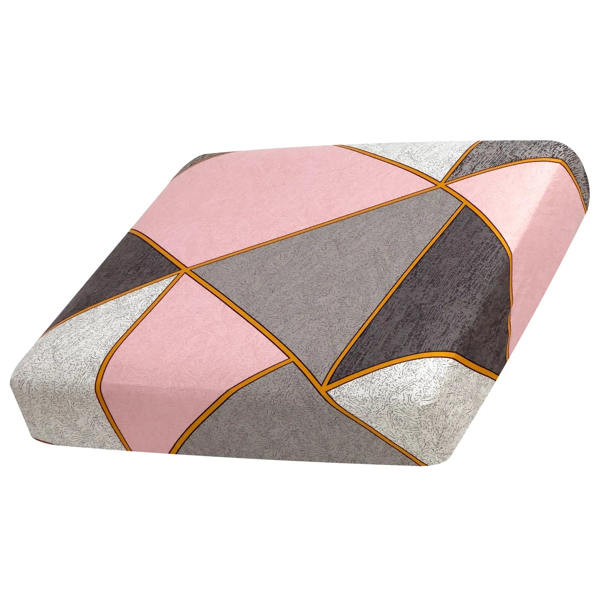 Elastic sofa seat cushion cover in pink and gray geometric patchwork with orange piping