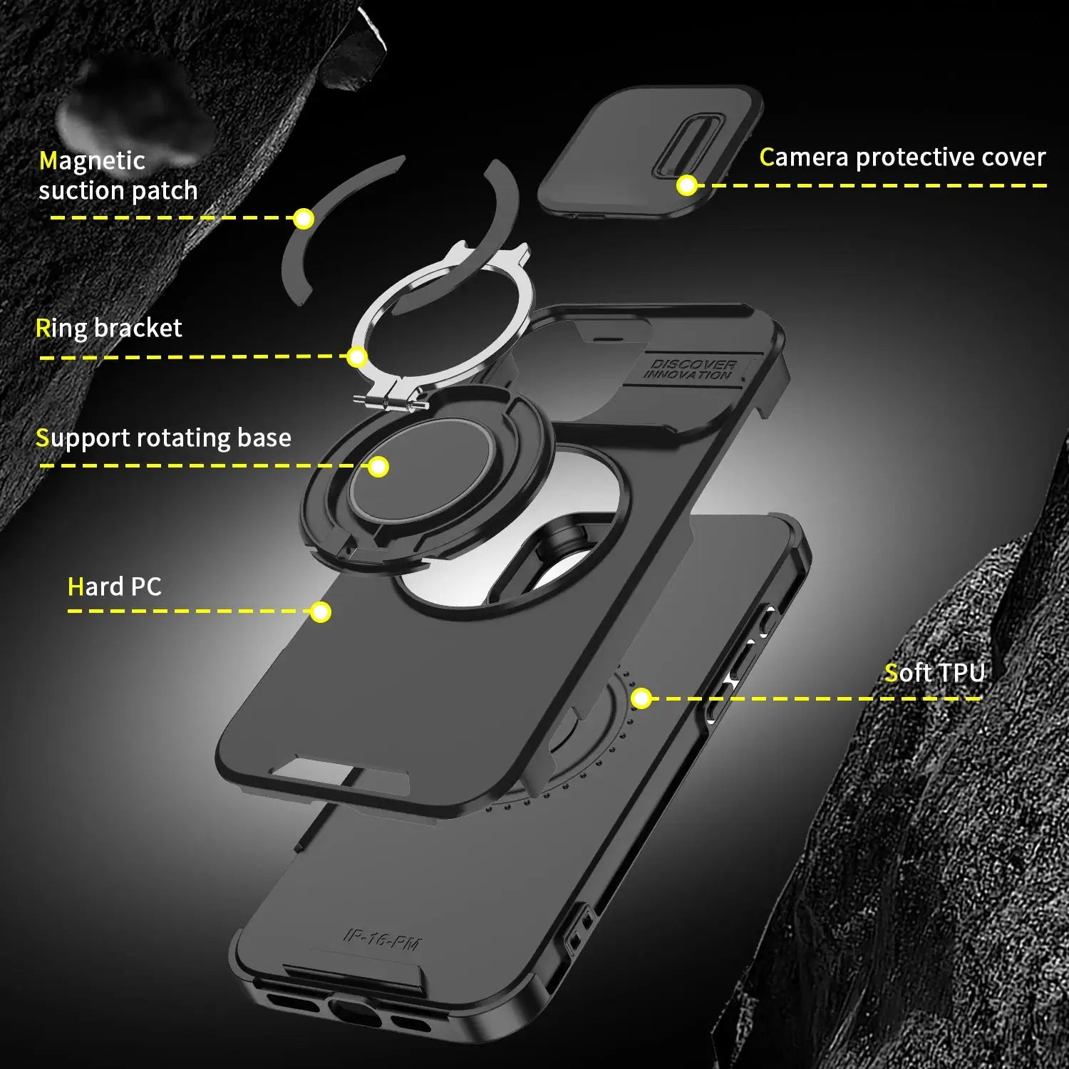 Heavy-duty magnetic stand case for iPhone with rotating base, hard PC shell and soft TPU bumper