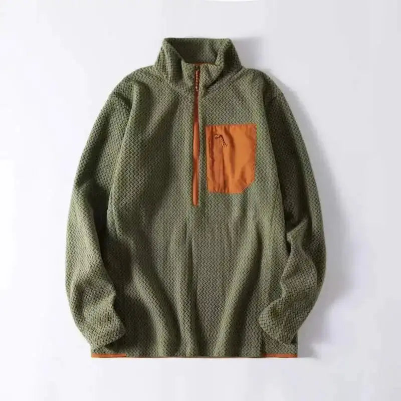 Unisex semi-zip fleece sweatshirt with wave texture; olive green, long-sleeved, orange zipper and chest pocket.
