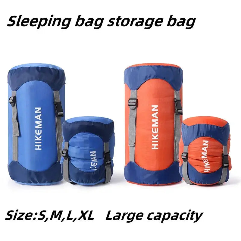 Sleeping bag compression storage bags by HIKEMAN, set of four in blue and orange, waterproof ultra-light storage