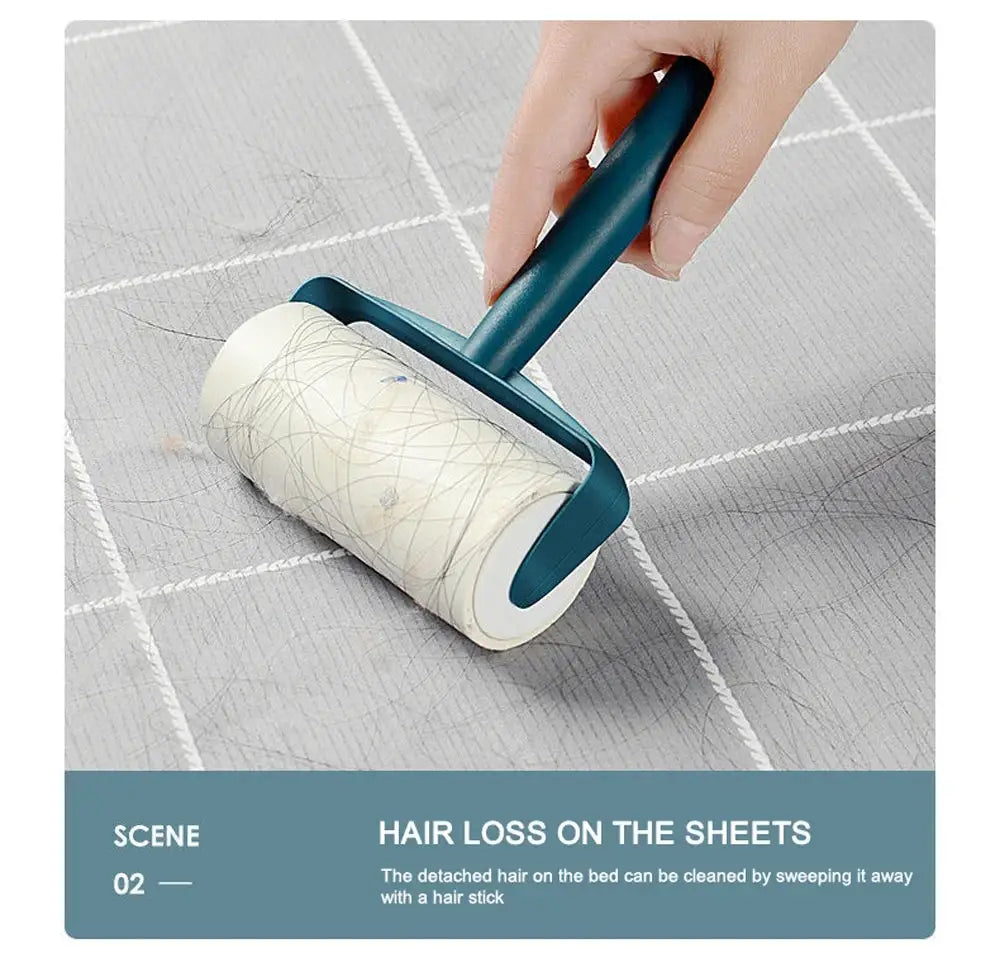 Lint roller with teal handle and white tearable adhesive roll for pet hair on clothes.