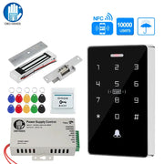 Outdoor RFID access control keypad kit by Simples Market with waterproof 180kg maglock, power supply, and multicolor keyfobs