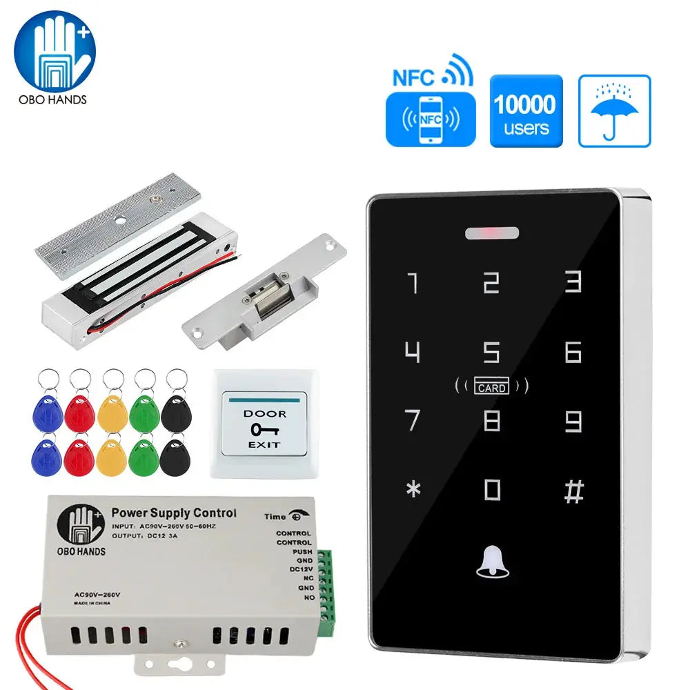 Outdoor RFID access control keypad kit by Simples Market with waterproof 180kg maglock, power supply, and multicolor keyfobs