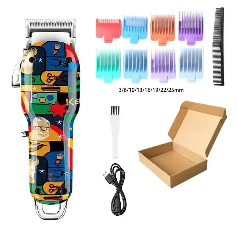 Kemei professional electric hair clipper with graffiti-pattern colorful body, rechargeable; includes guard combs, USB cable, cleaning brush and box.