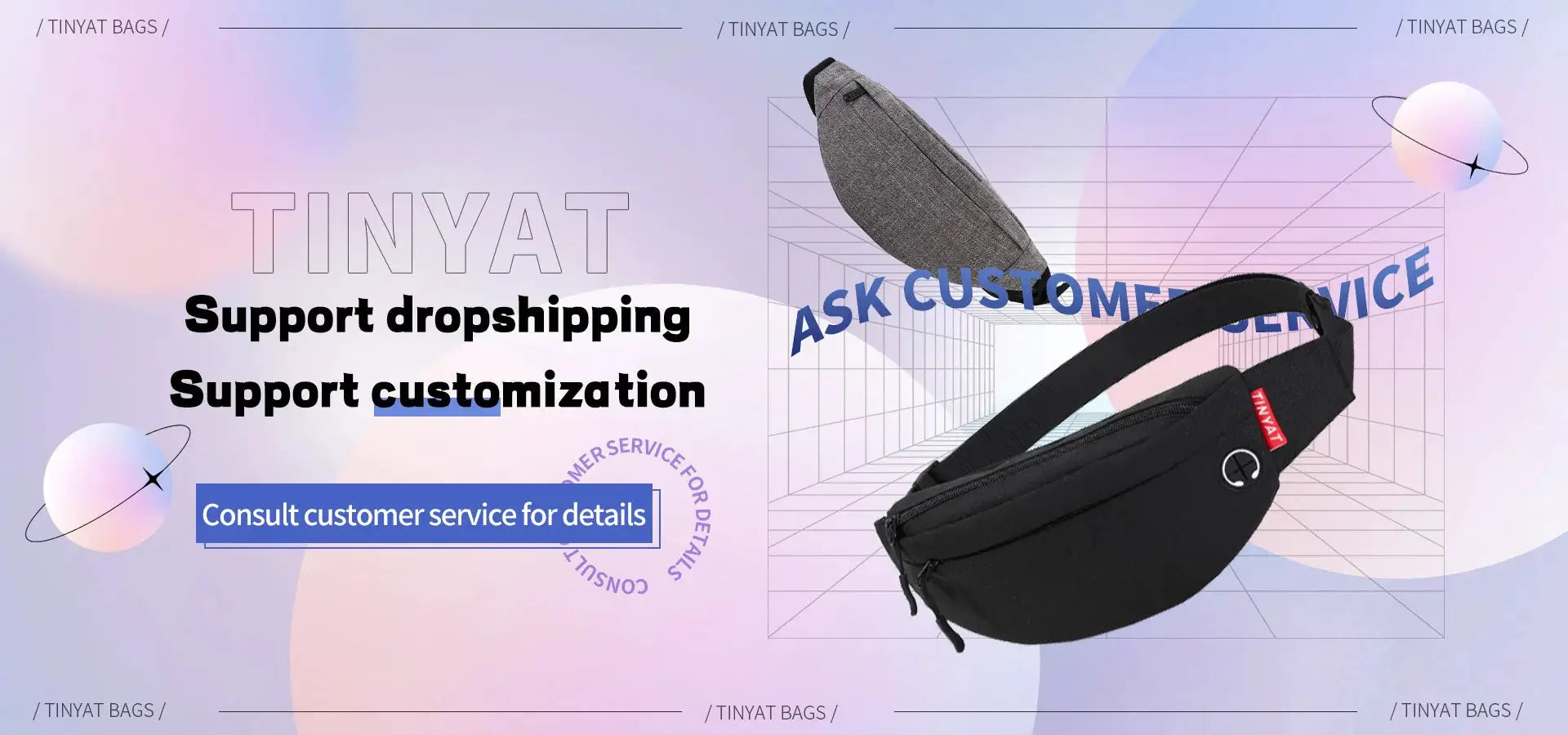 TINYAT black waist bag with gray interior, adjustable belt strap and red tag