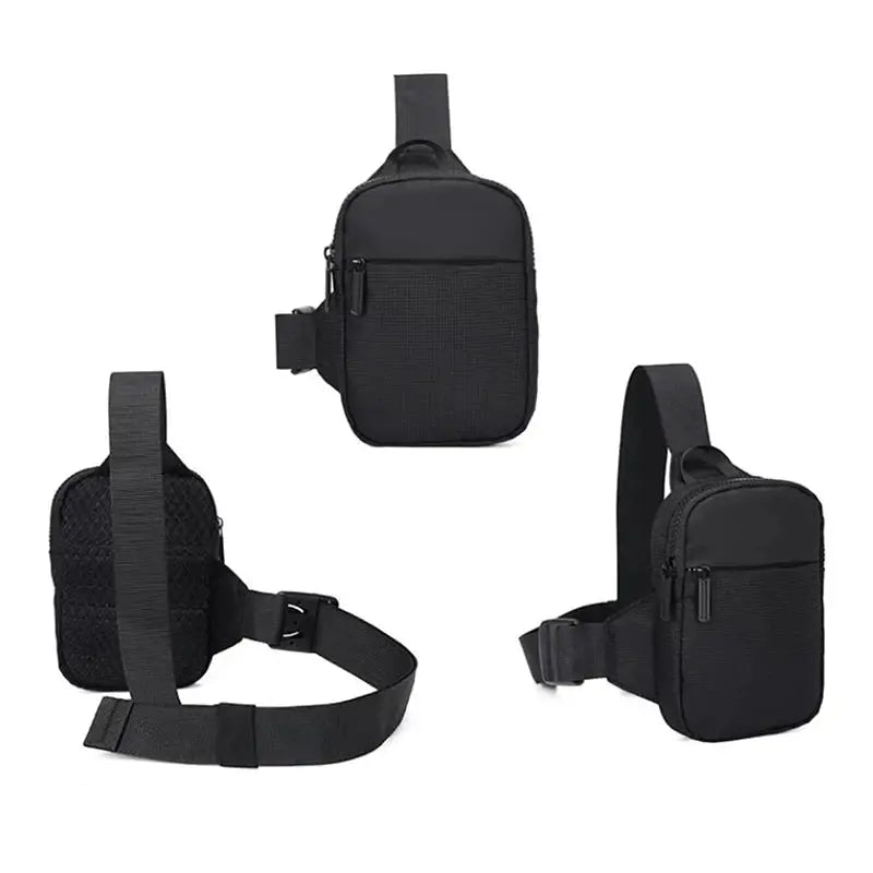 Mini chest bag crossbody sling in black waterproof nylon; unisex outdoor bag with front zip pocket.