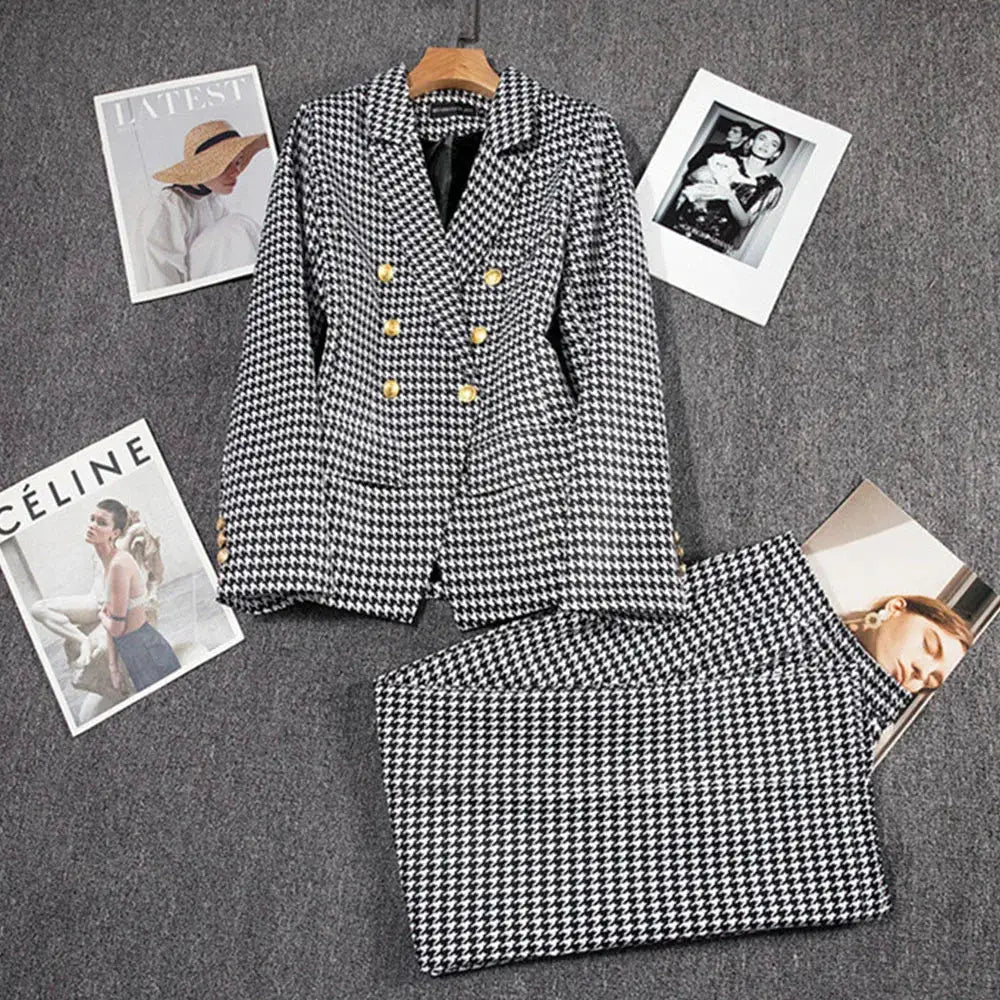 Women's houndstooth blazer and pants 2-piece suit set, black and white with gold buttons, office wear