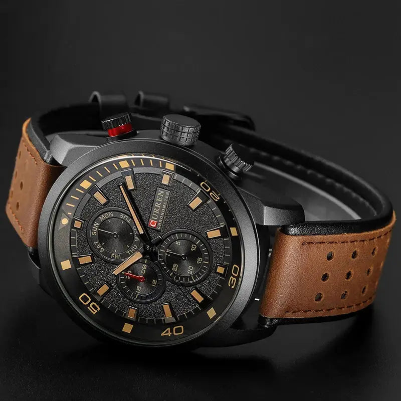 CURREN 8250 men's waterproof casual wristwatch with black dial and brown leather strap