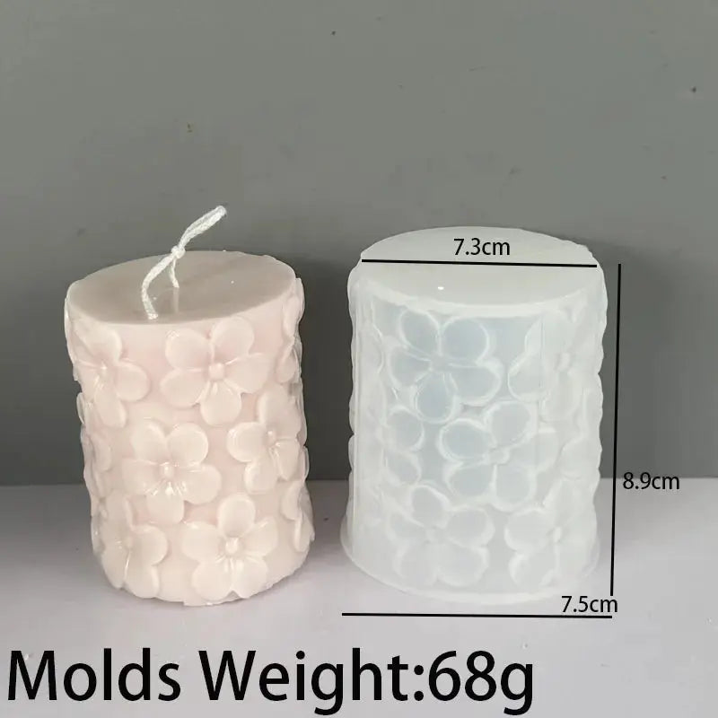 Flower daisy-embossed columnar silicone candle molds, set of two in pink and white
