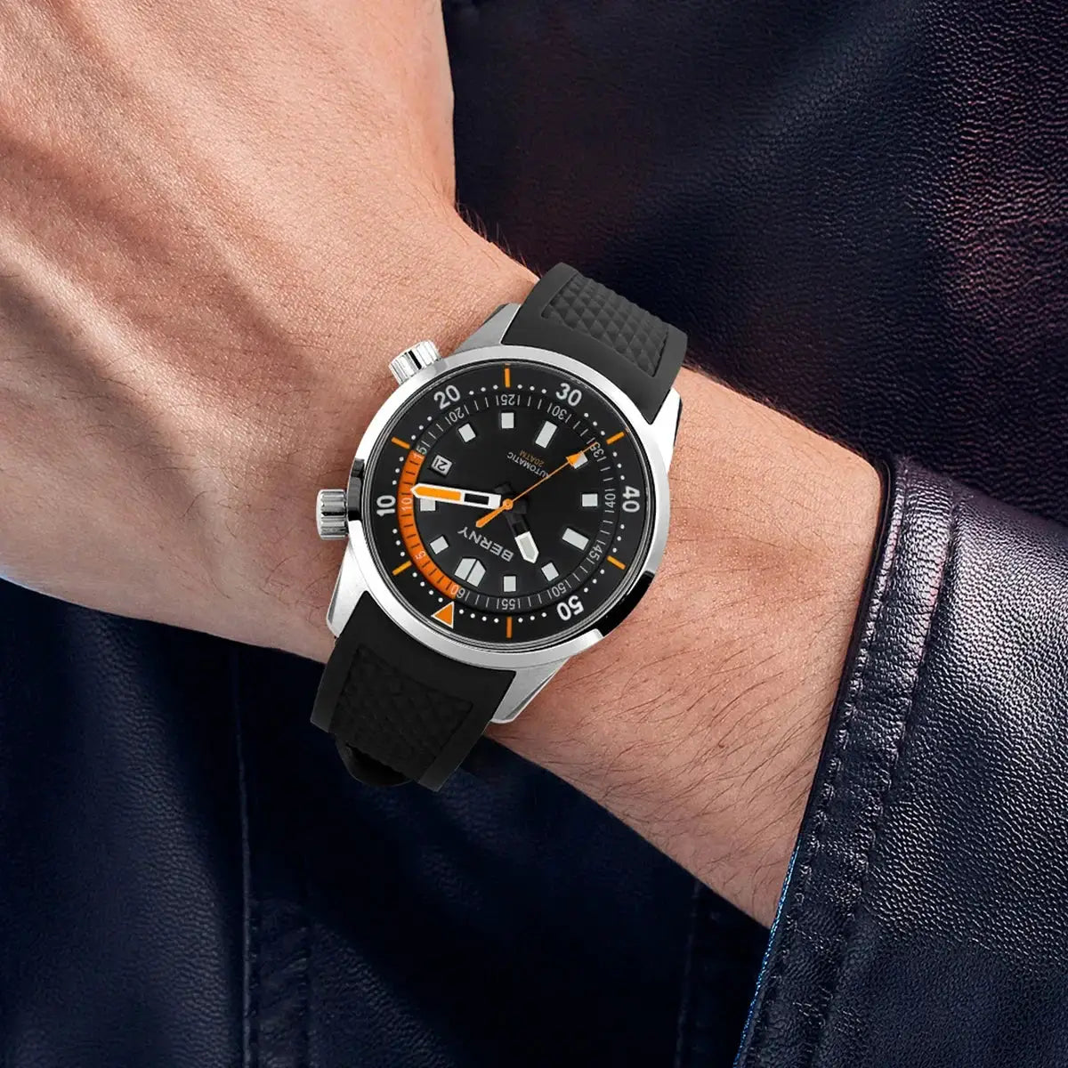 BERNY men's dive watch on wrist, 200M waterproof, black dial with orange accents, rubber strap