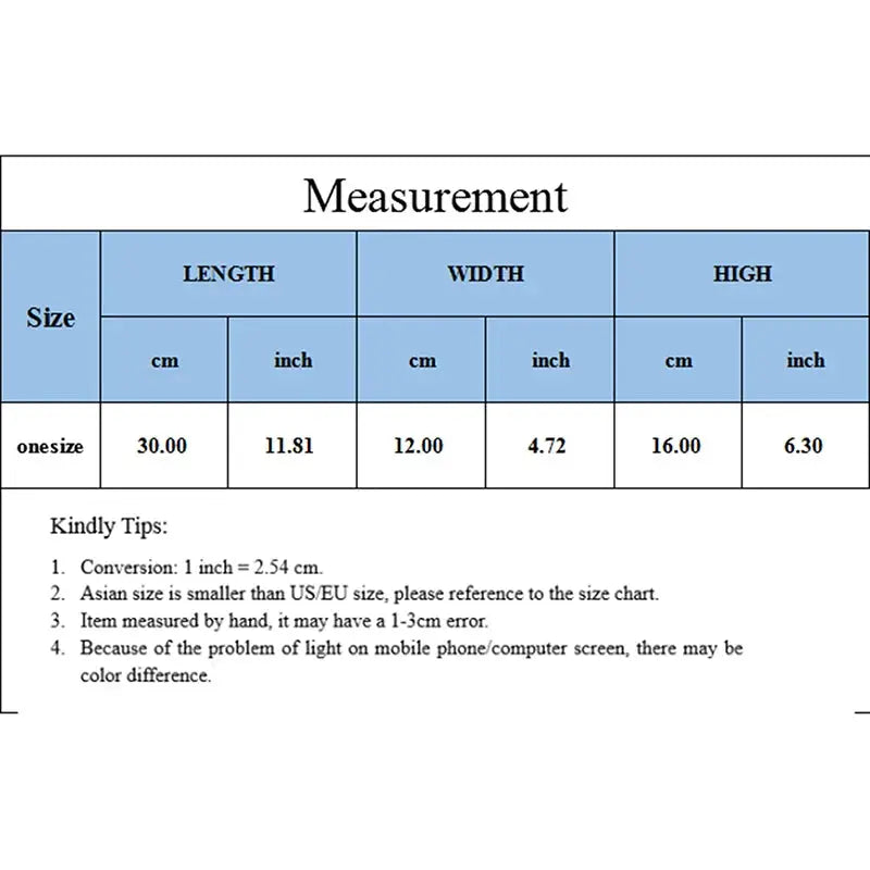 Bag size chart showing one size with length 30 cm, width 12 cm, height 16 cm.